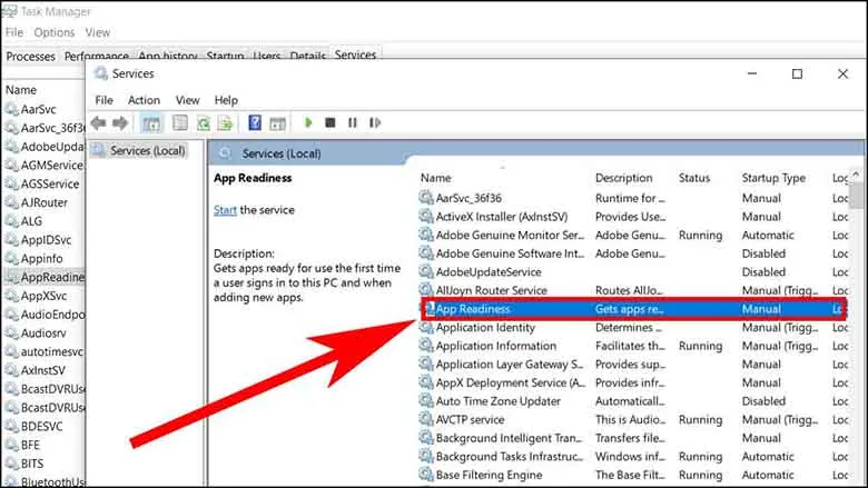 Chọn loại khởi động (Startup type) cho App Readiness, bước cần thiết để vô hiệu hóa dịch vụ này.