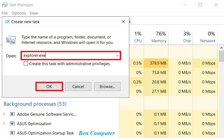 Người dùng thao tác khởi động lại trình Windows Explorer trong Task Manager để khắc phục lỗi màn hình đen.