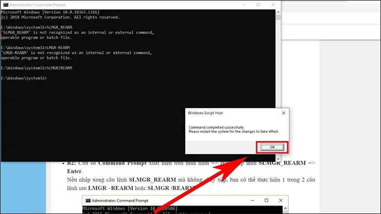 Lệnh SLMGR/REARM được nhập vào Command Prompt để gia hạn bản quyền, xử lý màn hình máy tính bị đen.