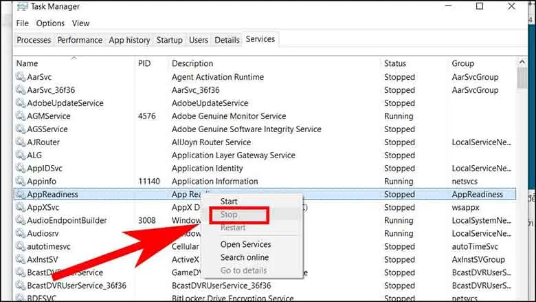 Thực hiện dừng hoặc mở cửa sổ dịch vụ AppReadiness từ Task Manager để giải quyết lỗi màn hình đen.