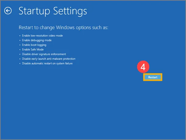 Chọn Startup Settings và Restart để hiển thị các tùy chọn khởi động Safe Mode trên máy Asus