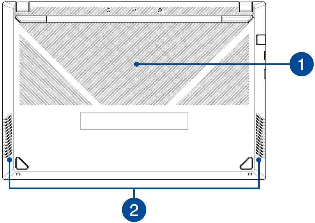 Thiết kế mặt dưới của máy tính xách tay ASUS, bao gồm khe thông gió và loa