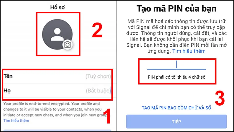 Thiết lập hồ sơ cá nhân và mã PIN bảo mật khi sử dụng máy nhắn tin Signal.