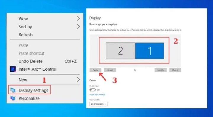 Người dùng nhấn chuột trái vào màn hình Desktop và chọn Display settings