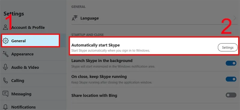Chọn Setting tại mục Automatically start Skype