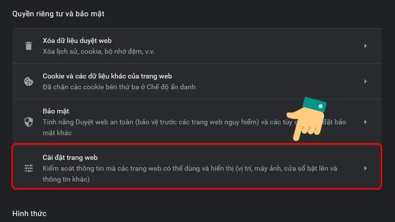 Chọn Cài đặt trang web để quản lý các quyền truy cập