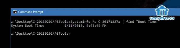 Cửa sổ Command Prompt hiển thị kết quả của lệnh &quot;systeminfo | find /i Boot Time&quot; với thời gian khởi động máy tính được đánh dấu rõ ràng