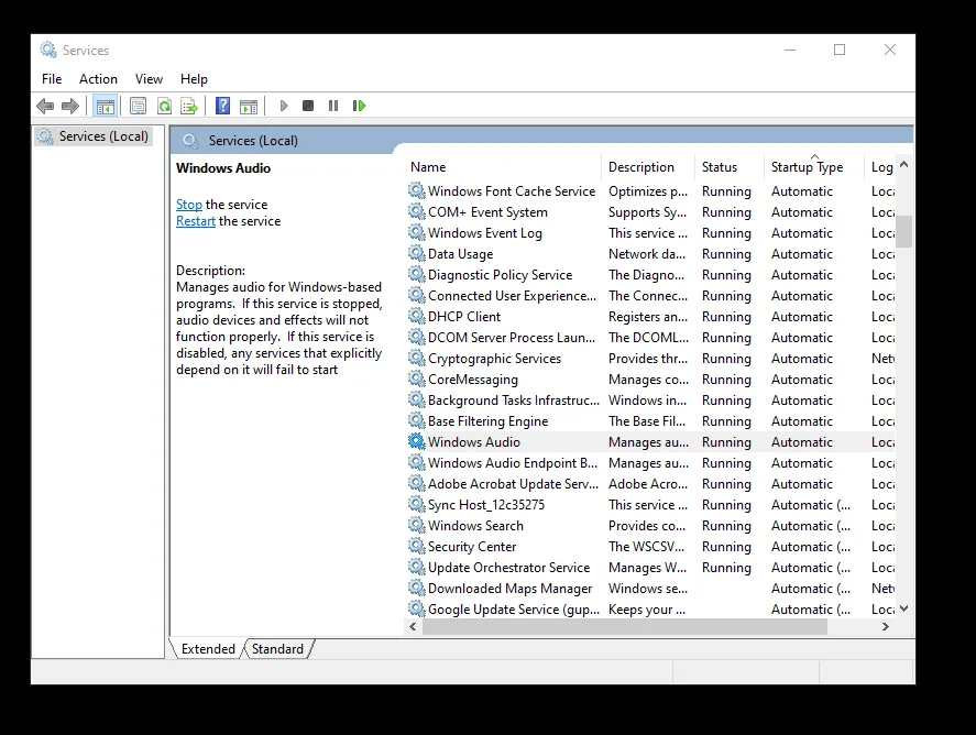Kiểm tra trạng thái dịch vụ Windows Audio