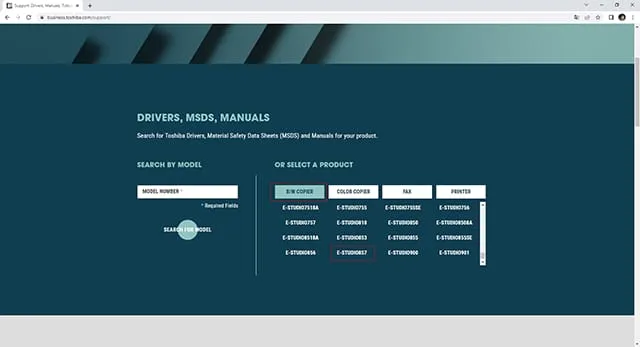 Chọn dòng máy E-STUDIO và tải driver để cài chế độ chờ Toshiba 723