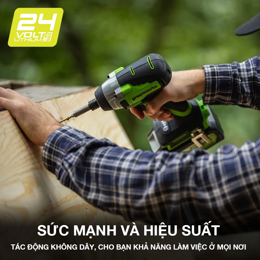 Máy vặn vít đa năng dùng pin Greenworks 24V ISD401 với thiết kế nhỏ gọn và động cơ không chổi than mạnh mẽ