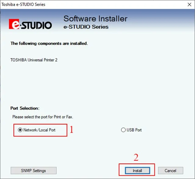 Chọn Printer Driver và cổng mạng để cài đặt máy photocopy Toshiba 723