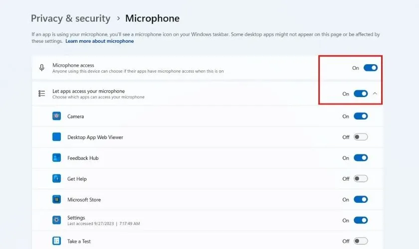 Bật Microphone access và Let apps access your microphone