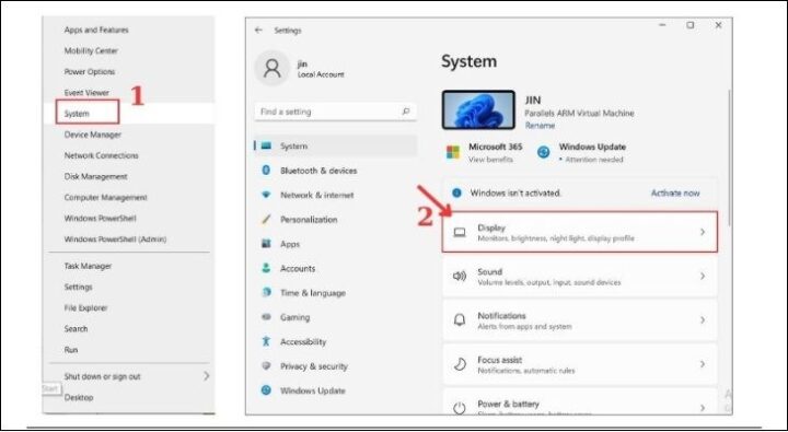 Người dùng vào Start chọn System và chọn tiếp Display