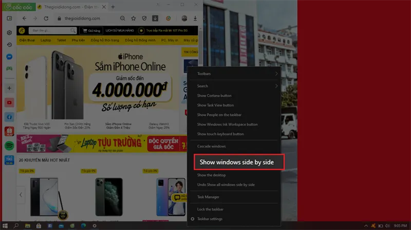 Menu chuột phải trên thanh Taskbar, hiển thị tùy chọn Show windows side by side để tự động sắp xếp cửa sổ