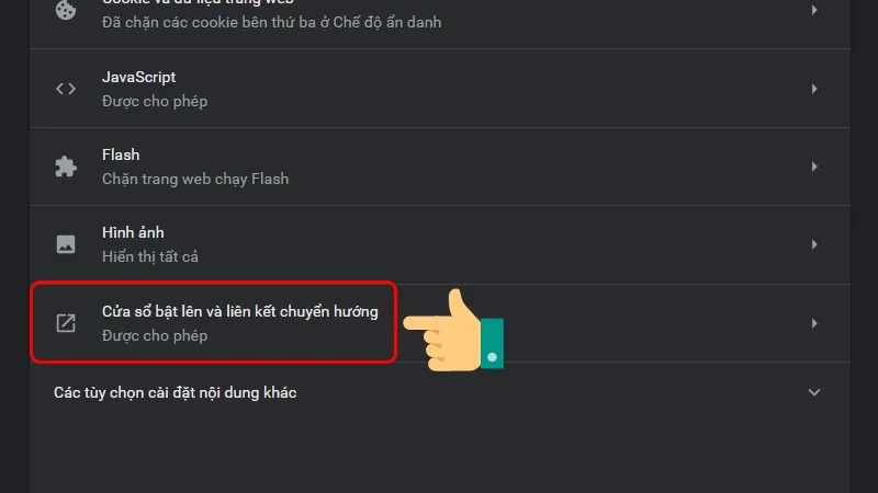 Vào Cửa sổ bật lên và liên kết chuyển hướng trong cài đặt Chrome