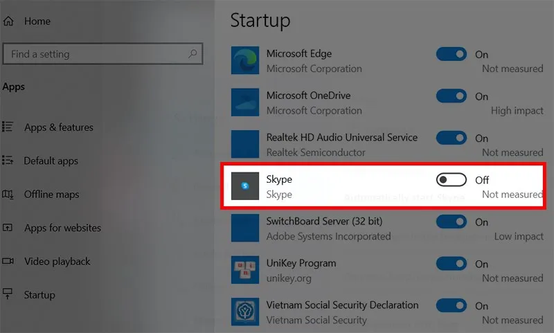 Gạt thanh tròn bên cạnh Skype sang trái