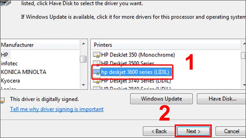 Chọn máy in cần kết nối và nhấn Next 