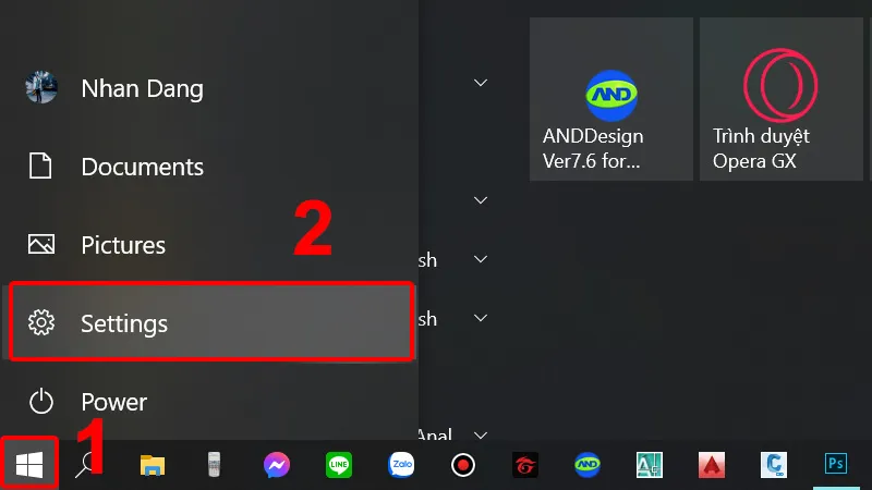 Vào Start Menu và chọn Settings