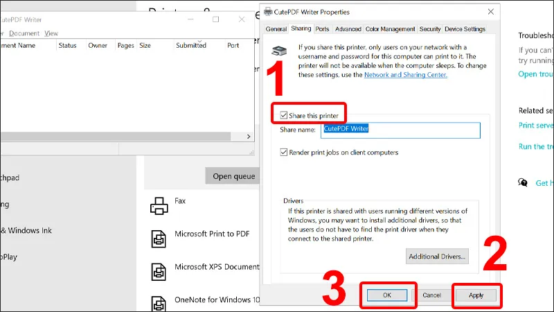 Tích chọn Share this Printer và chọn Apply bấm OK là xong