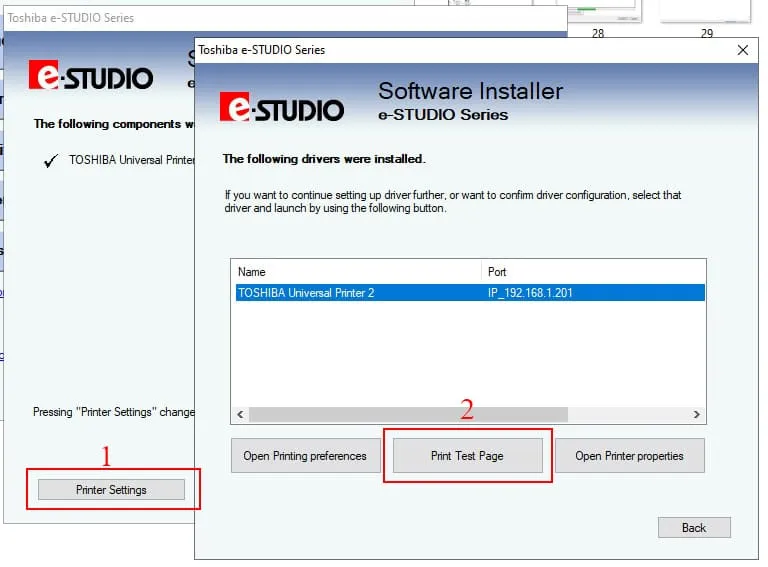Kiểm tra trang in thử sau khi cài đặt driver để máy photocopy Toshiba 723 sẵn sàng