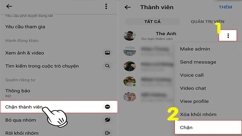 Chặn thành viên trong nhóm Messenger, một hành động quản lý có thể thực hiện sau khi mở tab chat, liên quan đến cách mở tab Messenger ở giao diện Facebook máy tính.