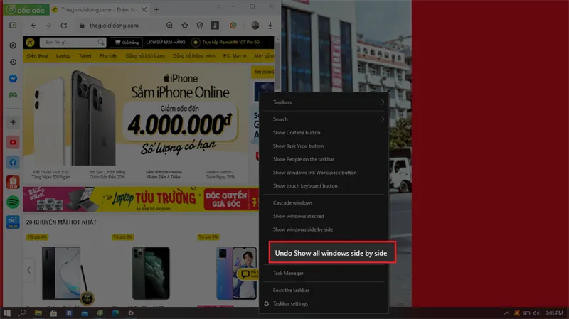 Menu chuột phải trên thanh Taskbar với tùy chọn Undo Show all windows side by side, giúp hoàn tác việc chia màn hình