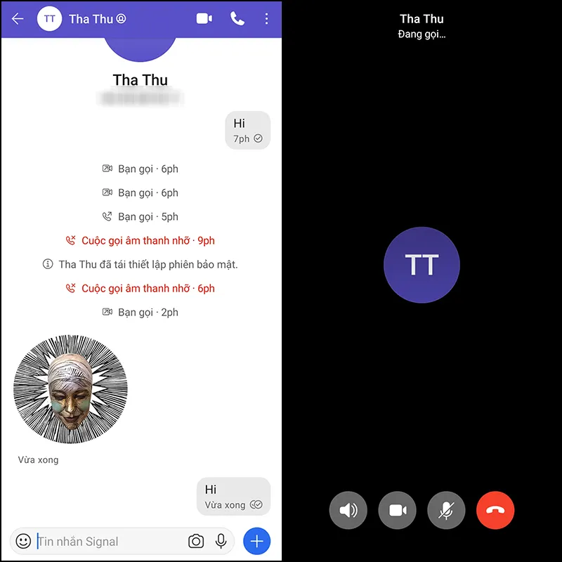 Giao diện trò chuyện và gọi điện của máy nhắn tin Signal trên thiết bị di động.