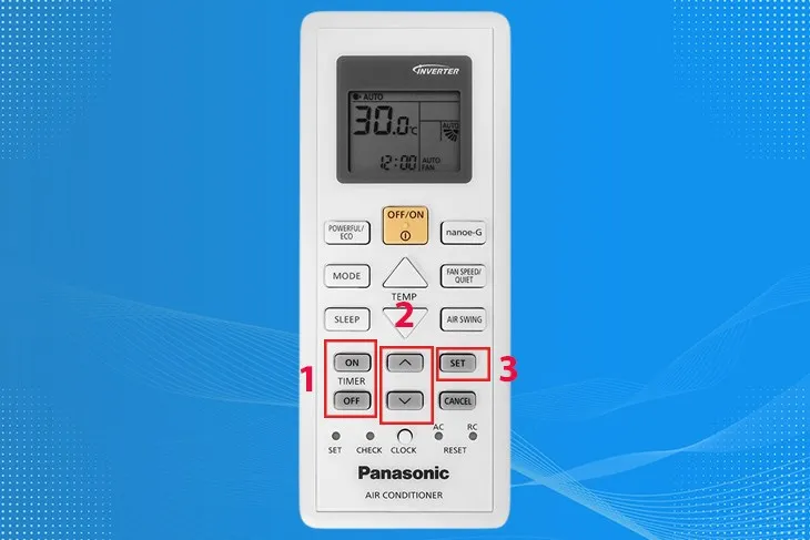 Hướng dẫn chi tiết cách thiết lập hẹn giờ bật/tắt tự động cho máy lạnh Panasonic bằng các nút TIMER, SET và mũi tên trên remote