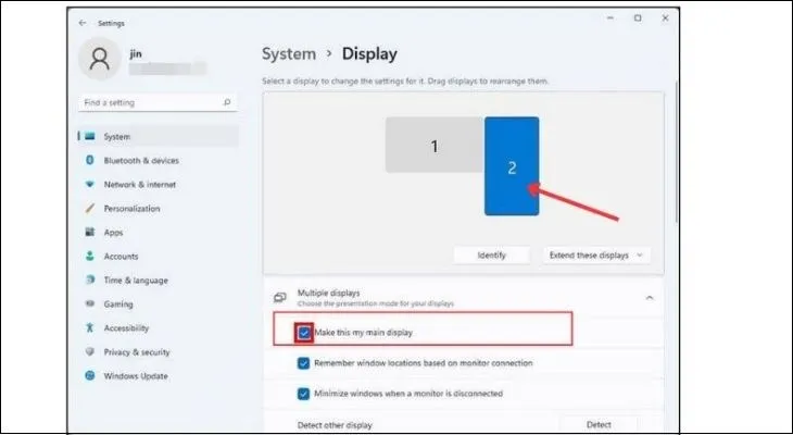 Người dùng tích vào ô Make this my main display