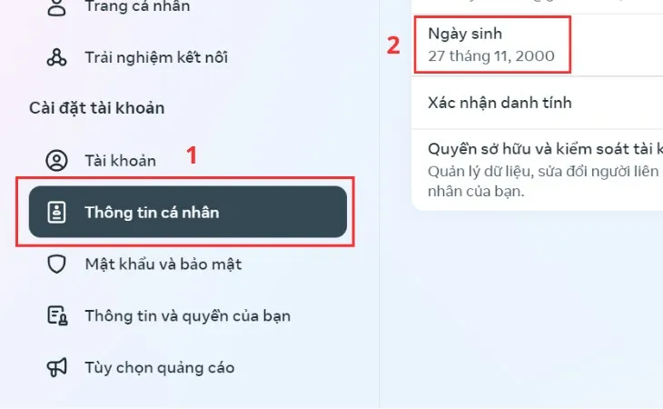 Trung tâm tài khoản Meta hiển thị mục Thông tin cá nhân để người dùng thực hiện cách chỉnh sửa năm sinh trên Facebook