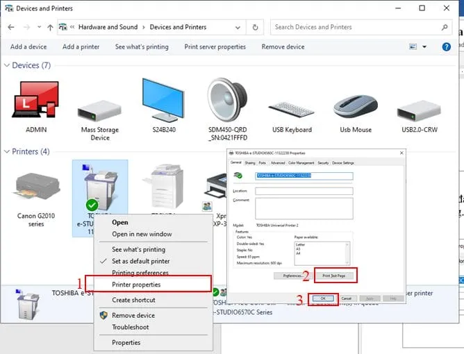 Kiểm tra trang in thử để xác nhận driver máy photocopy Toshiba 723 hoạt động