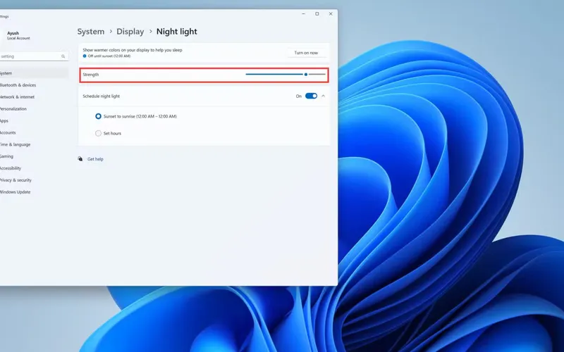 Bật hoặc tắt chế độ Night Light trong cài đặt hiển thị của Windows 11