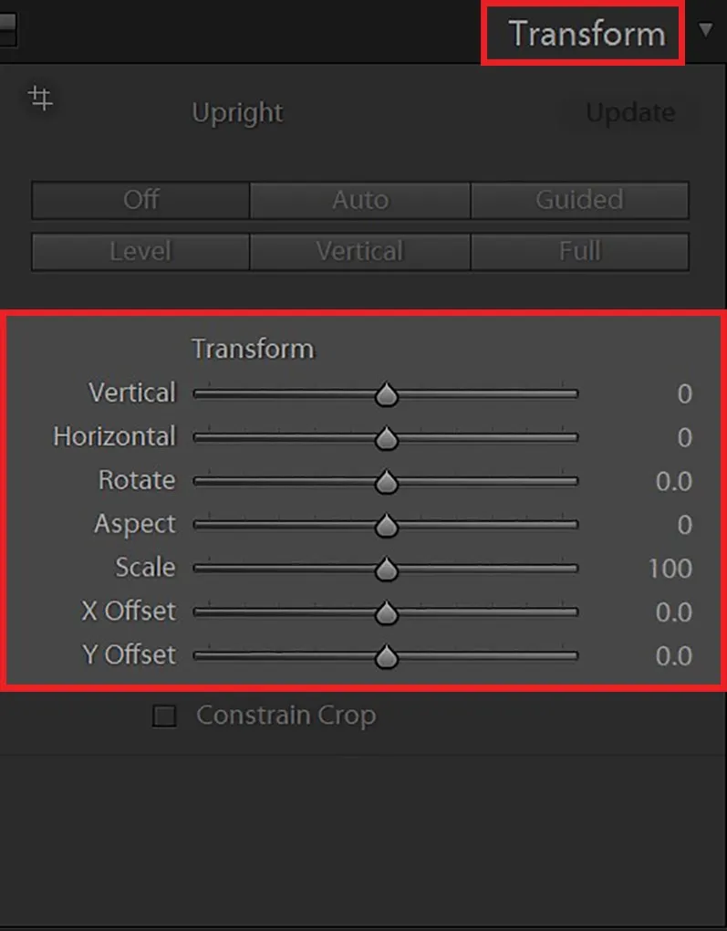 Giao diện Transform trên Lightroom phiên bản máy tính