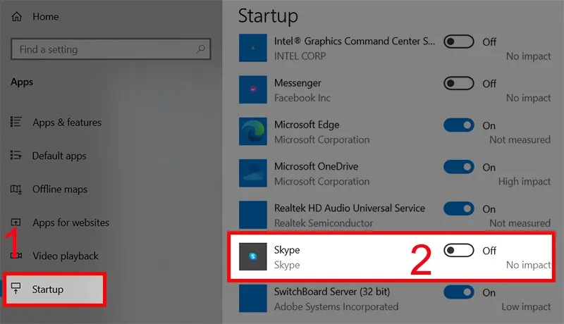 Gạt thanh tròn cạnh Skype sang trái