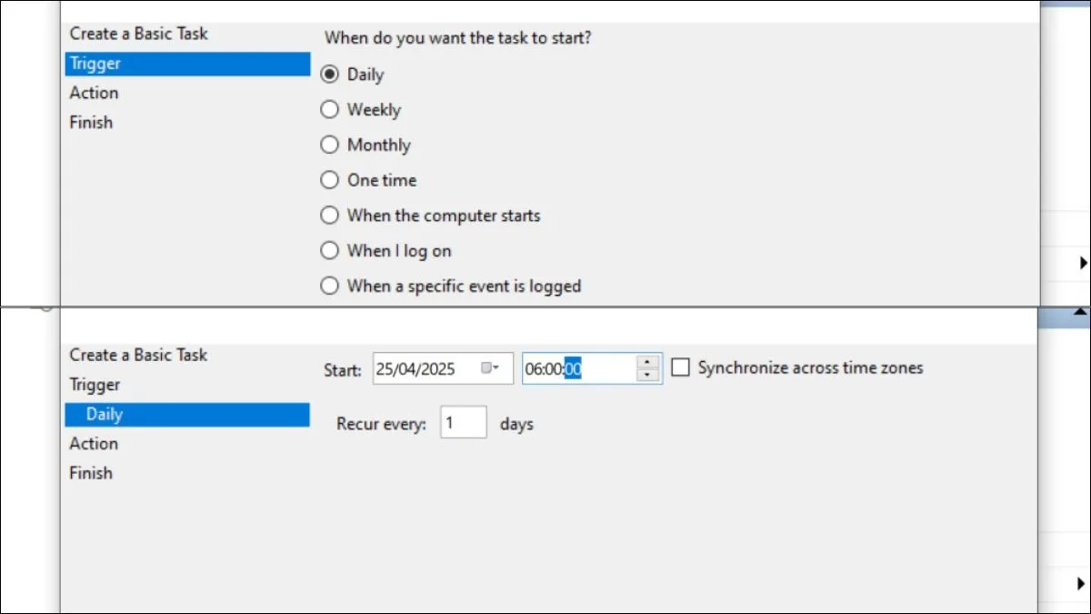 Thiết lập Trigger với thời gian và tần suất cụ thể cho tác vụ hẹn giờ mở máy tính Win 10