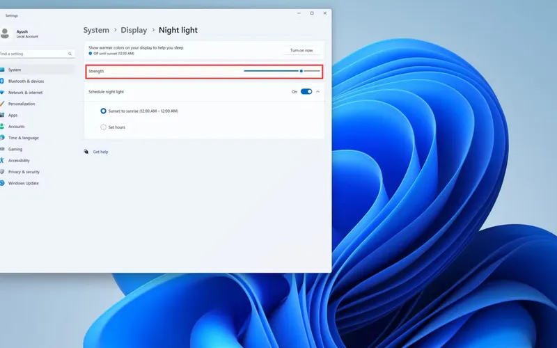 Thanh trượt Strength để điều chỉnh độ ấm của màu sắc màn hình trong chế độ Night Light