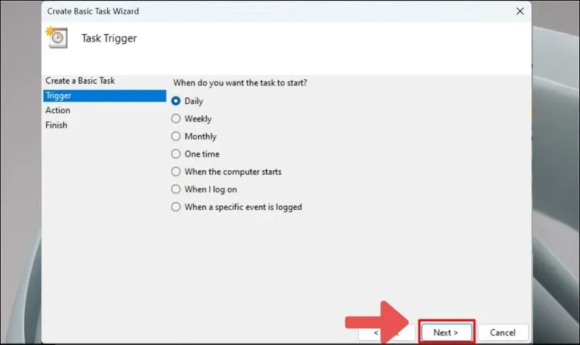 Các tùy chọn tần suất lặp lại khi cài chế độ tự tắt máy tính trong Task Scheduler