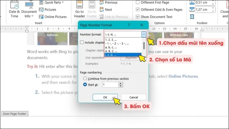 Chọn vị trí đánh số trang La Mã trong Word, một tùy chọn để tài liệu hóa quá trình cách chế tạo bộ phận của máy Asus 7 2013