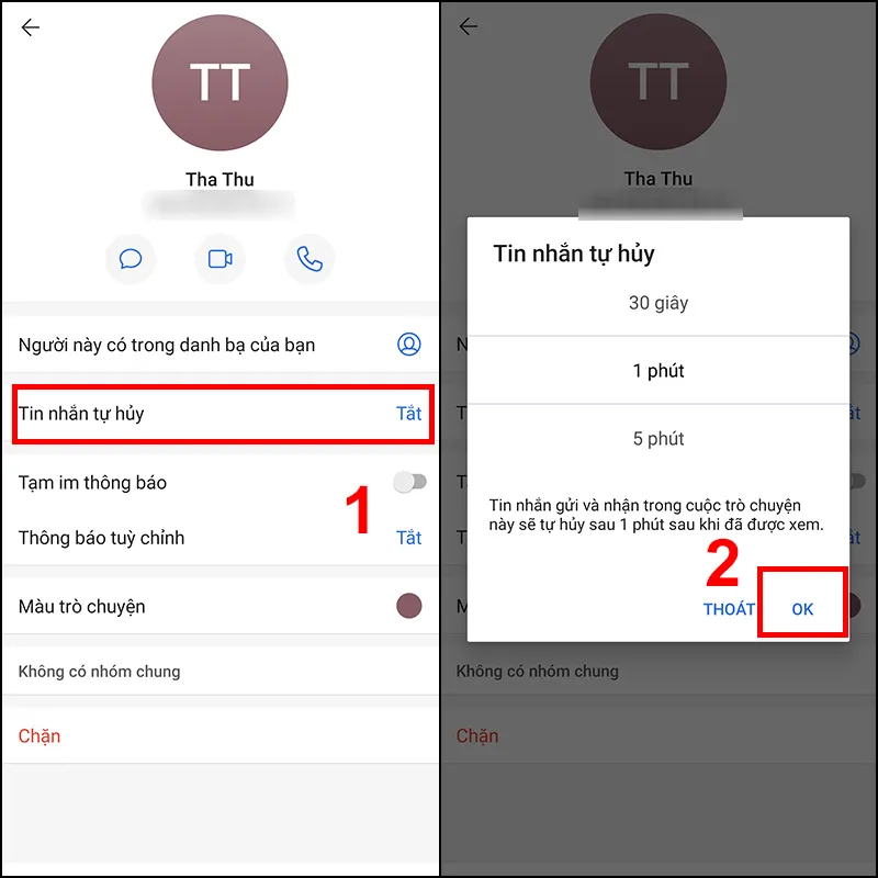 Thiết lập thời gian tự động hủy tin nhắn trong cài đặt trò chuyện của Signal.