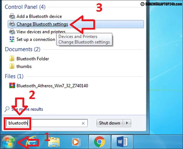 Giao diện cài đặt kích hoạt tính năng Bluetooth trên Windows 7