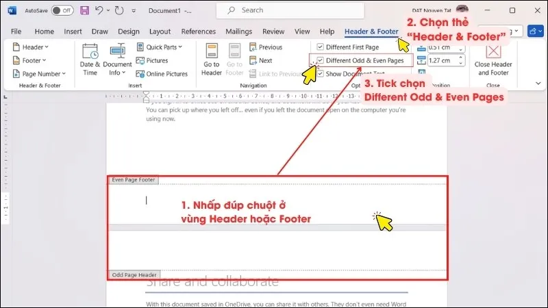 Tùy chọn &quot;Different Odd &amp; Even Pages&quot; trong Word, hữu ích khi tài liệu kỹ thuật về cách chế tạo bộ phận của máy Asus 7 2013 cần định dạng đặc biệt
