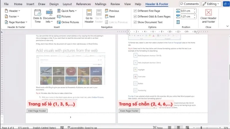 Chỉnh sửa nội dung trên trang chẵn, trang lẻ trong Word, thể hiện khả năng tùy biến tài liệu liên quan đến cách chế tạo bộ phận của máy Asus 7 2013