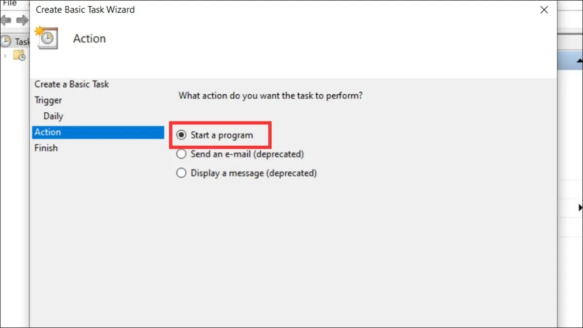 Chọn Action là Start a program để hẹn giờ mở máy tính Win 10 tự động qua Task Scheduler