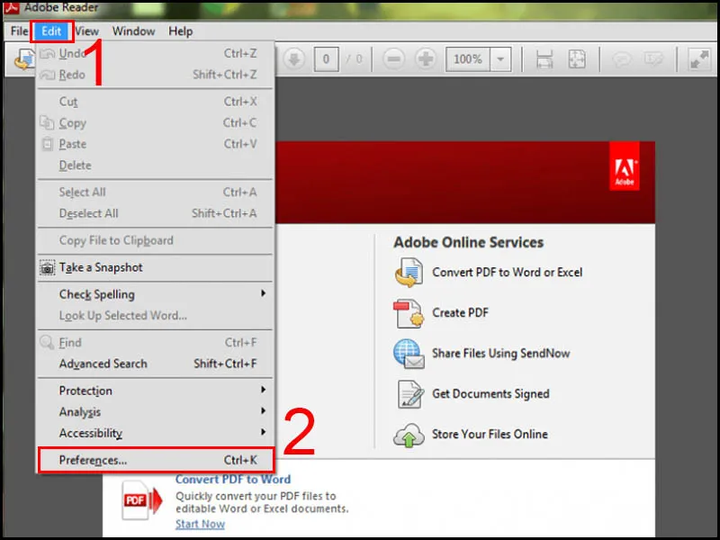 Mở tùy chọn Preferences trong Adobe Reader để xử lí máy không mở được pdf