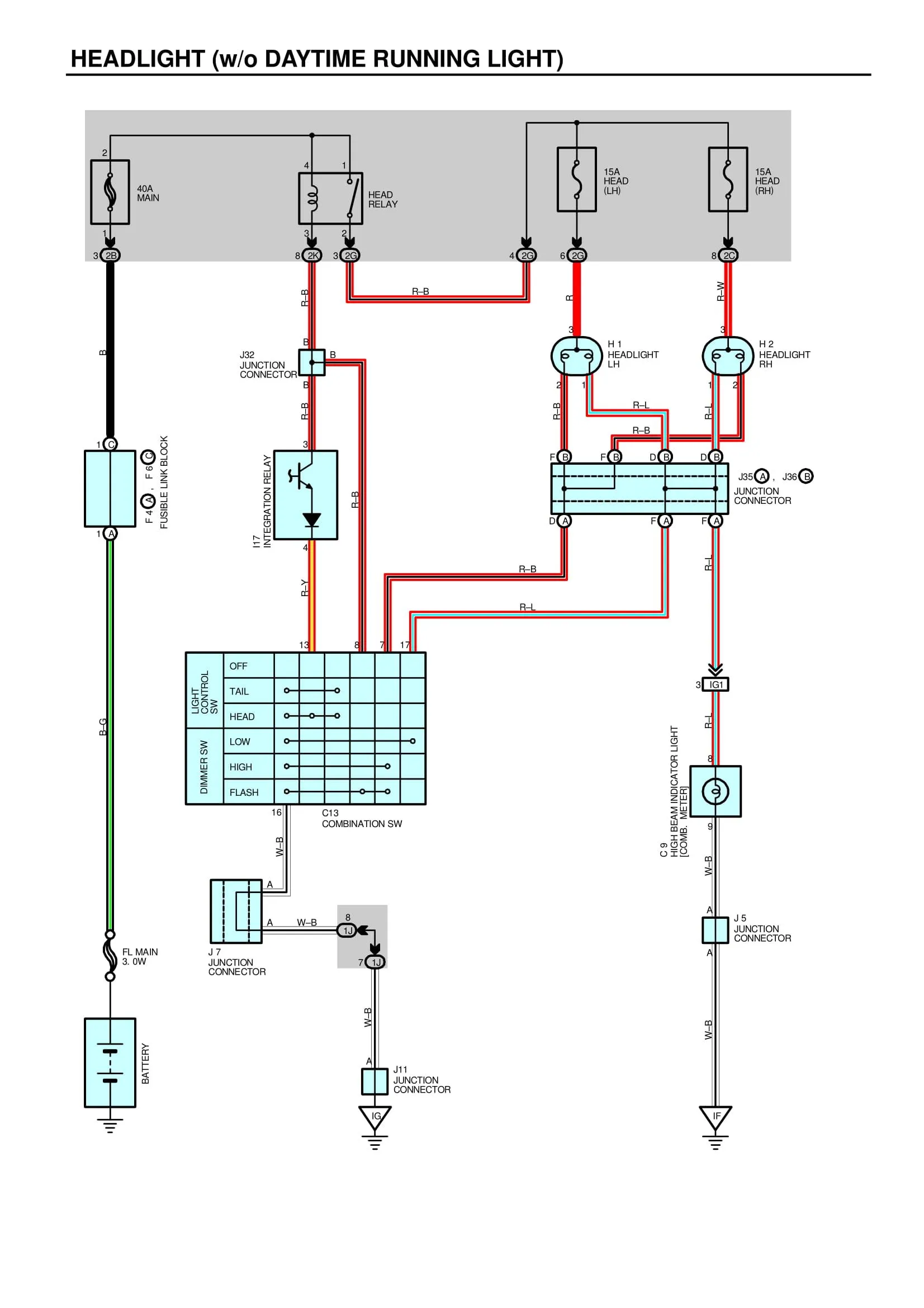 Nguyên bản mạch điện chiếu sáng đấu kiểu dương sẵn trên Camry 1999, đây là một ví dụ thực tế về cách bố trí dây điện trên ô tô, tương tự như các đường dây khi thực hiện cách đấu tiết chế ngoài máy phát.