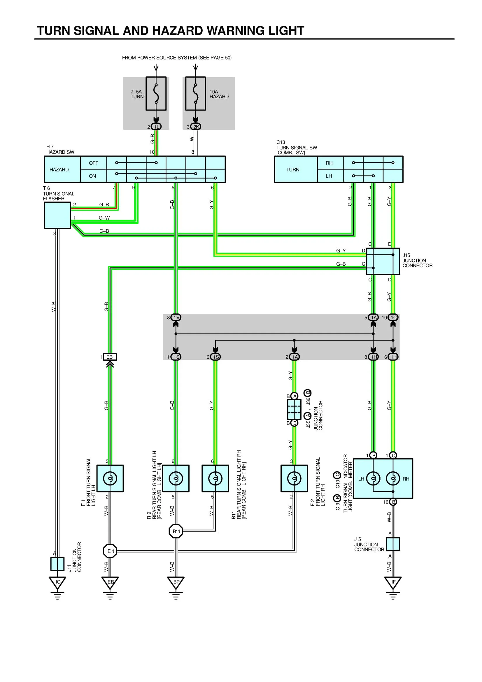 Nguyên bản mạch điện signal và công tắc hazard rời trên xe Camry 1999, việc này cung cấp cái nhìn về các hệ thống điện khác cần được cân nhắc khi thực hiện cách đấu tiết chế ngoài máy phát.