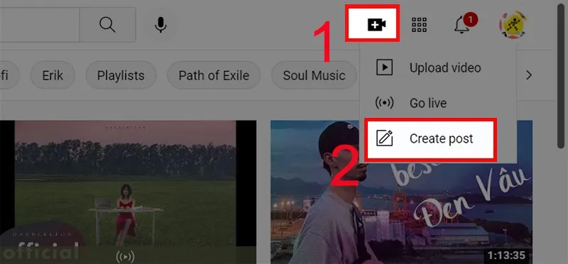 Giao diện YouTube trên máy tính với biểu tượng tạo nội dung, hướng dẫn cách tự chế video đăng lên youtube bằng máy tính