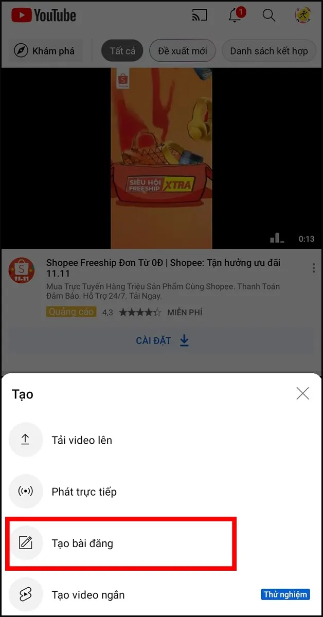 Giao diện chọn 'Tạo bài đăng' trên ứng dụng YouTube di động, một phương pháp để bổ sung thông tin hoặc tương tác với người xem sau khi video đã được tạo và đăng tải