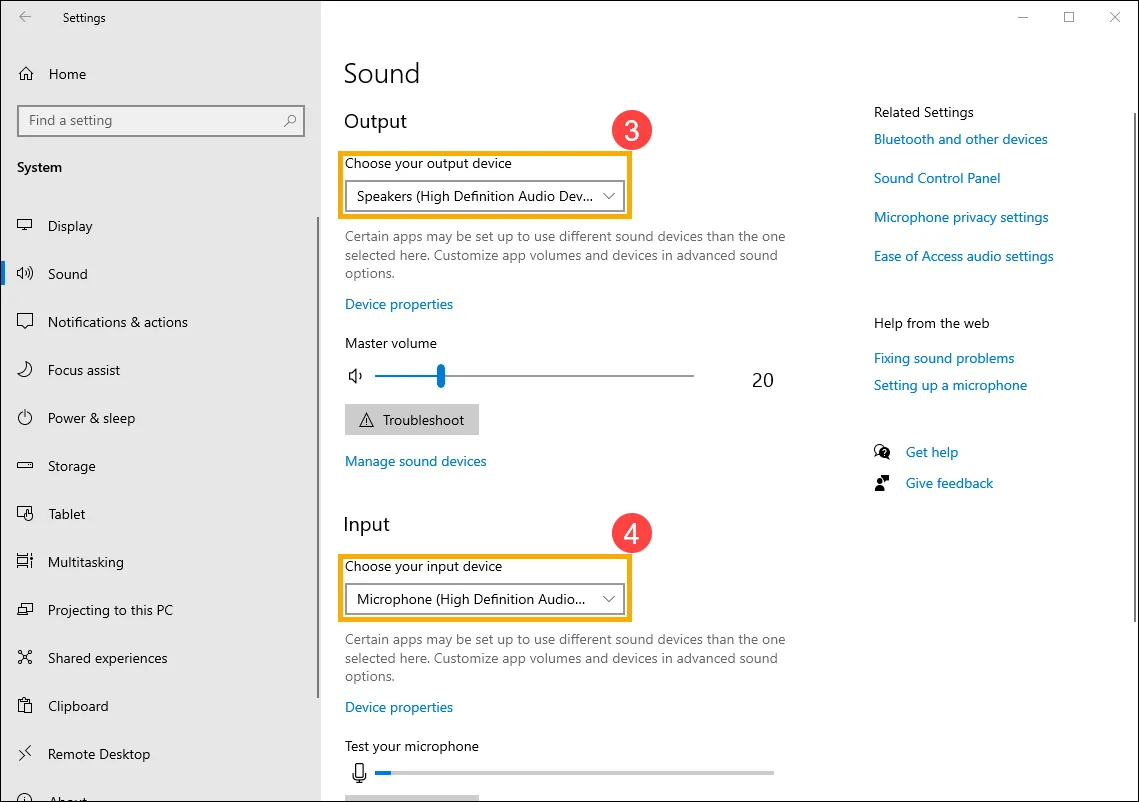 Chọn thiết bị đầu ra và đầu vào trong cửa sổ cài đặt âm thanh Windows 10.