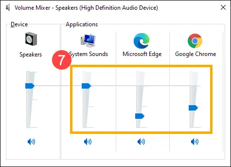 Giao diện Volume Mixer cho phép điều chỉnh âm lượng riêng biệt cho từng ứng dụng Windows 10.